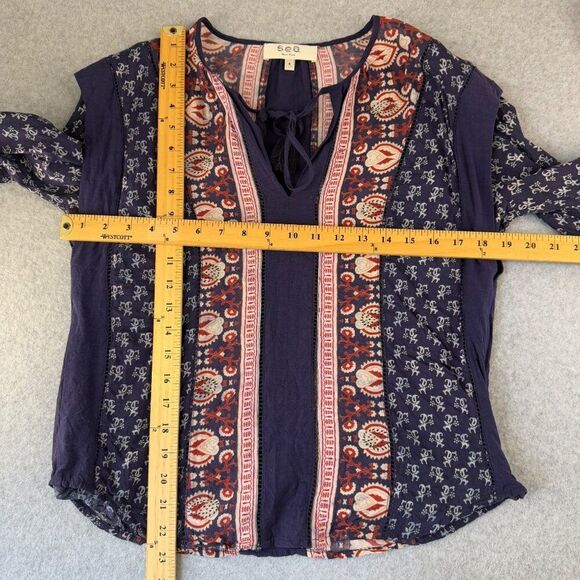 Sea New York Womens Size 4 Printed Boho Blouse Navy Blue Red Peasant India VNeck - Picture 11 of 12